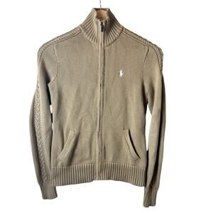Ralph Lauren Cableknit Cardigan Sweater Womens Tan Full Zip Preppy Logo Academia